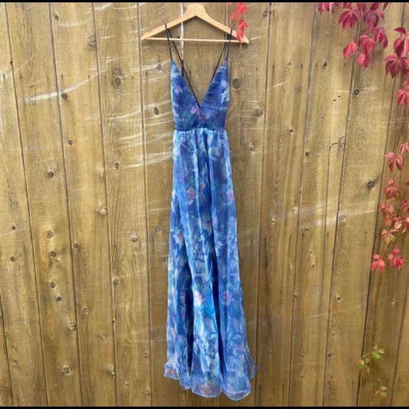 Navy Blue Watercolor Backless Organza Maxi Dress 🌿 - Picture 9 of 11